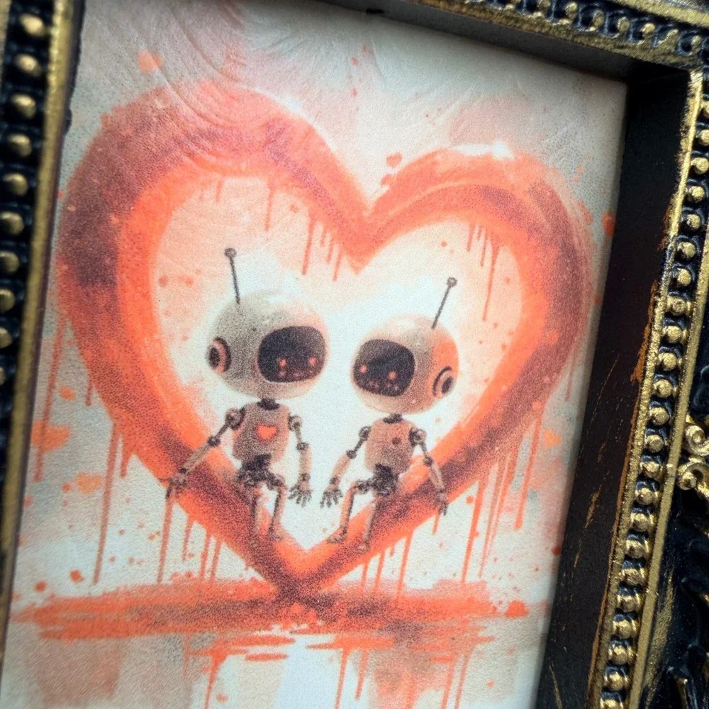Robot Love Art Print Small Ornate Black Gold Resin Frame Decoupage 3.5in